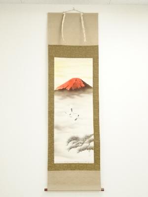 春山筆　赤富士　肉筆絹本掛軸（箱付）